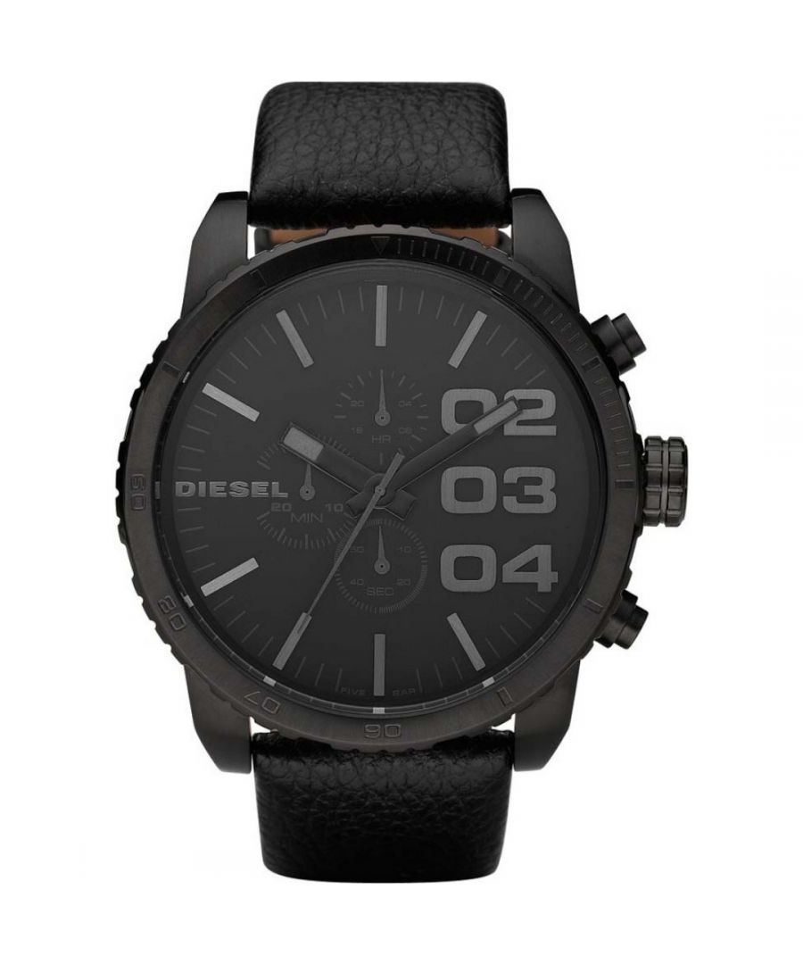 Diesel Mens Double Down Black Leather Watch. Black Leather Strap. Water Resistant, 1 Year Warranty. Comes With Diesel Smart Display Case with Inner Cushion & User Manual. DZ4216. Case Material Stainless Steel