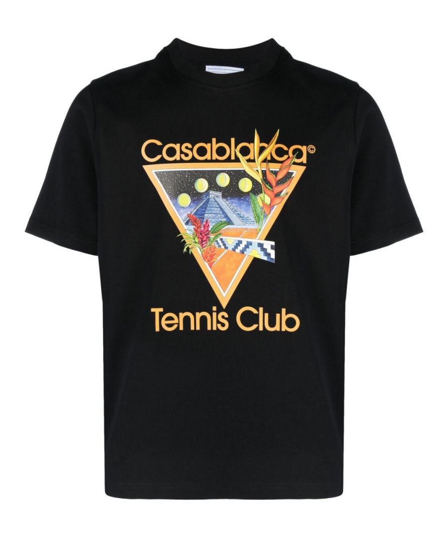 Casablanca Tennis Club T-shirt from CASABLANCA featuring black, organic cotton, graphic print to the front, crew neck, short sleeves and straight hem. Conscious: This item is made from at least 50% organic materials.