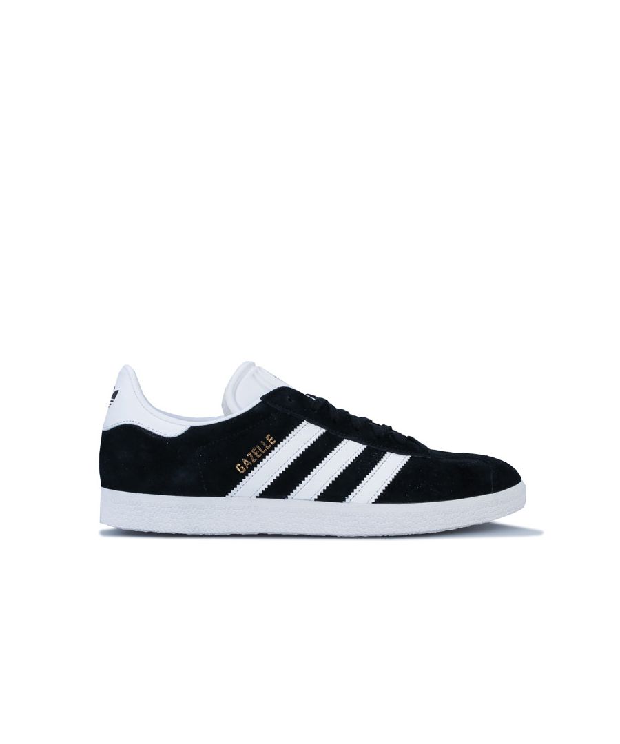 Mens adidas Originals Gazelle Trainers in core black - white - gold metallic.<BR><BR>- Premium suede upper.<BR>- Classic T-toe design.<BR>- Padded collar.<BR>- Textured tongue with moulded Trefoil branding.<BR>- Synthetic 3-Stripes to sides with foil print Gazelle branding.<BR>- Synthetic leather heel patch with printed Trefoil logo.<BR>- Synthetic leather lining to heel.<BR>- Comfortable textile lining.<BR>- Removable cushioned sockliner.<BR>- Rubber cupsole.<BR>- Suede and synthetic upper  Synthetic and textile lining  Synthetic sole.<BR>- Ref: BB5476