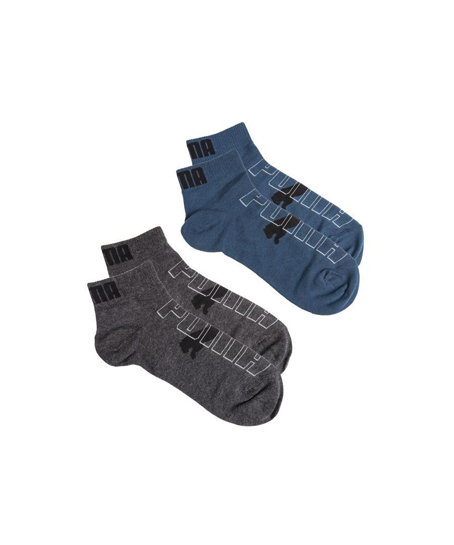 Mens multi Puma 2 pack trainer trainer socks, manufactured with cotton. Featuring: twin pack, woven branding, ankle height, soft comfort cotton and medium fits uk 6-8.