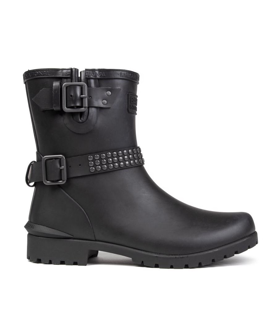 Women's Black Barbour Leona Pull-on Biker Inspired Ankle Boots With A Waterproof Rubber Upper Featuring A Studded Ankle Strap, Branded Front Tab And Cuff, Side Gusset And Twin Buckles. These Premium Ladies' Wellington Boots Have A Soft Polyester Lining, Padded Sock, And Durable Rubber Sole.