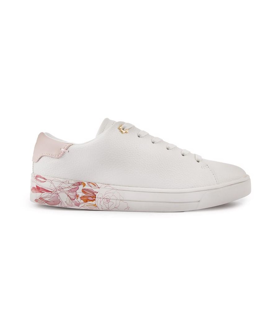 The Kimbie Trainer From Ted Baker Is The Ultimate In Luxury Casual Wear, Thanks To The Soft White Leather Upper With Colourful Print Details, A Pink Heel Cap And Fine Metal Eyelet Adornment. This Feminine Court Shoe Will Have You Strutting In Style.