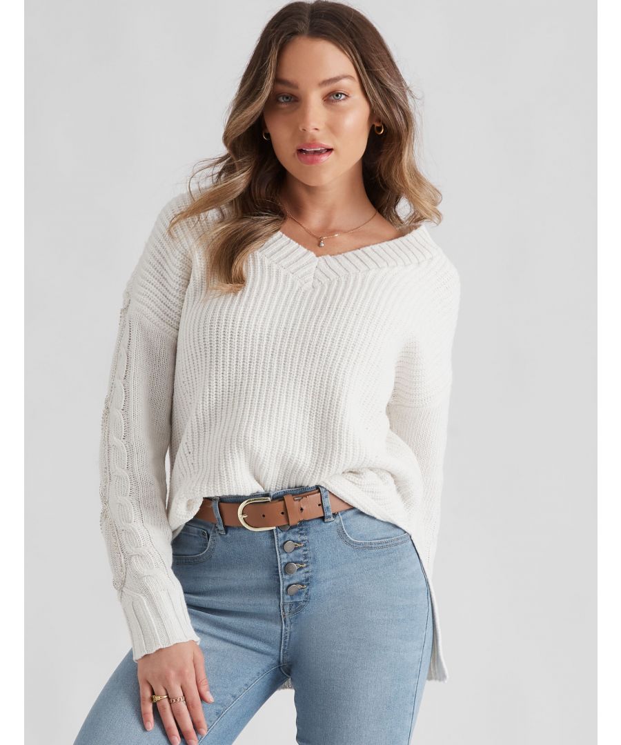 Rockmans Long Sleeve V Neck Diamante Detail JumperMaterial:  85% Acrylic / 15% Cotton
