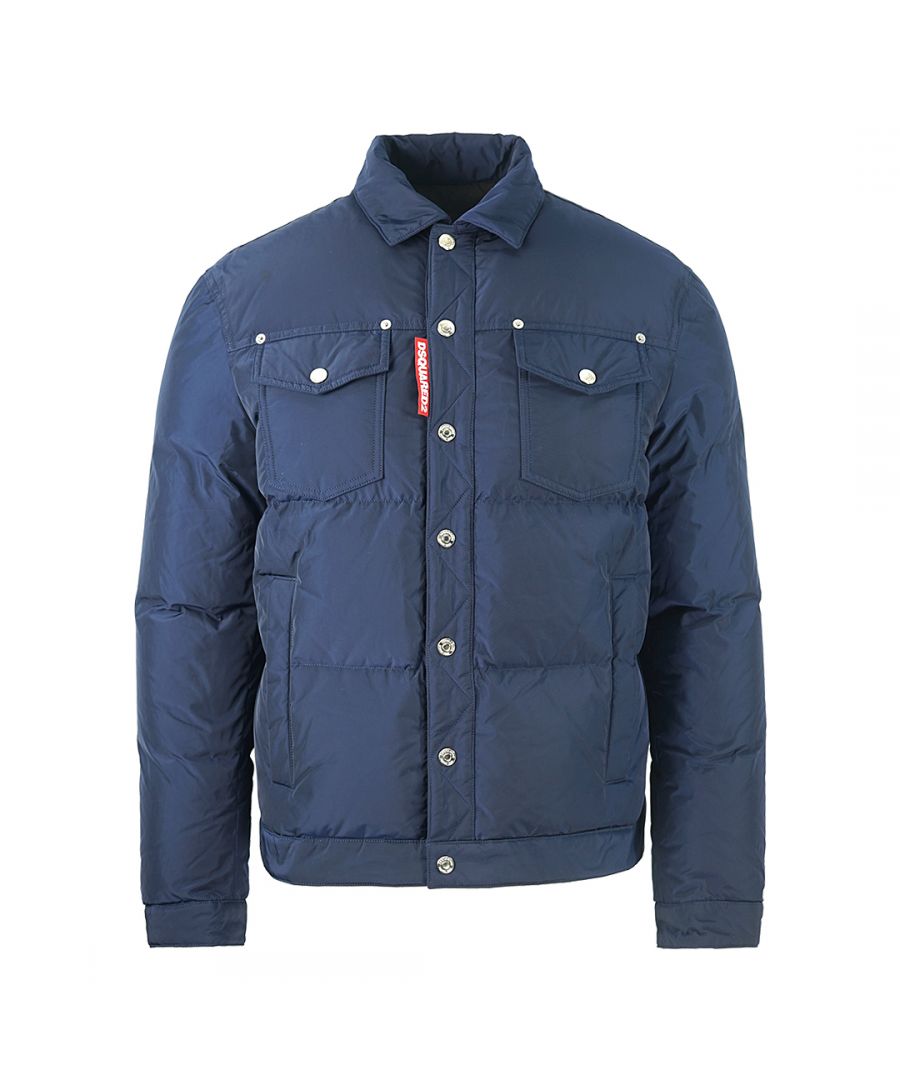 Dsquared2 Large Label Blue Down Jacket. D2 S74AM1097 S53141 524 Down Jacket. Button Closure, Large Signature Brand Label. Regular Fit, Fits True To Size. Jacket Filling 90% Duck Down, 10% Duck Feathers. Front Pockets, Branded Buttons