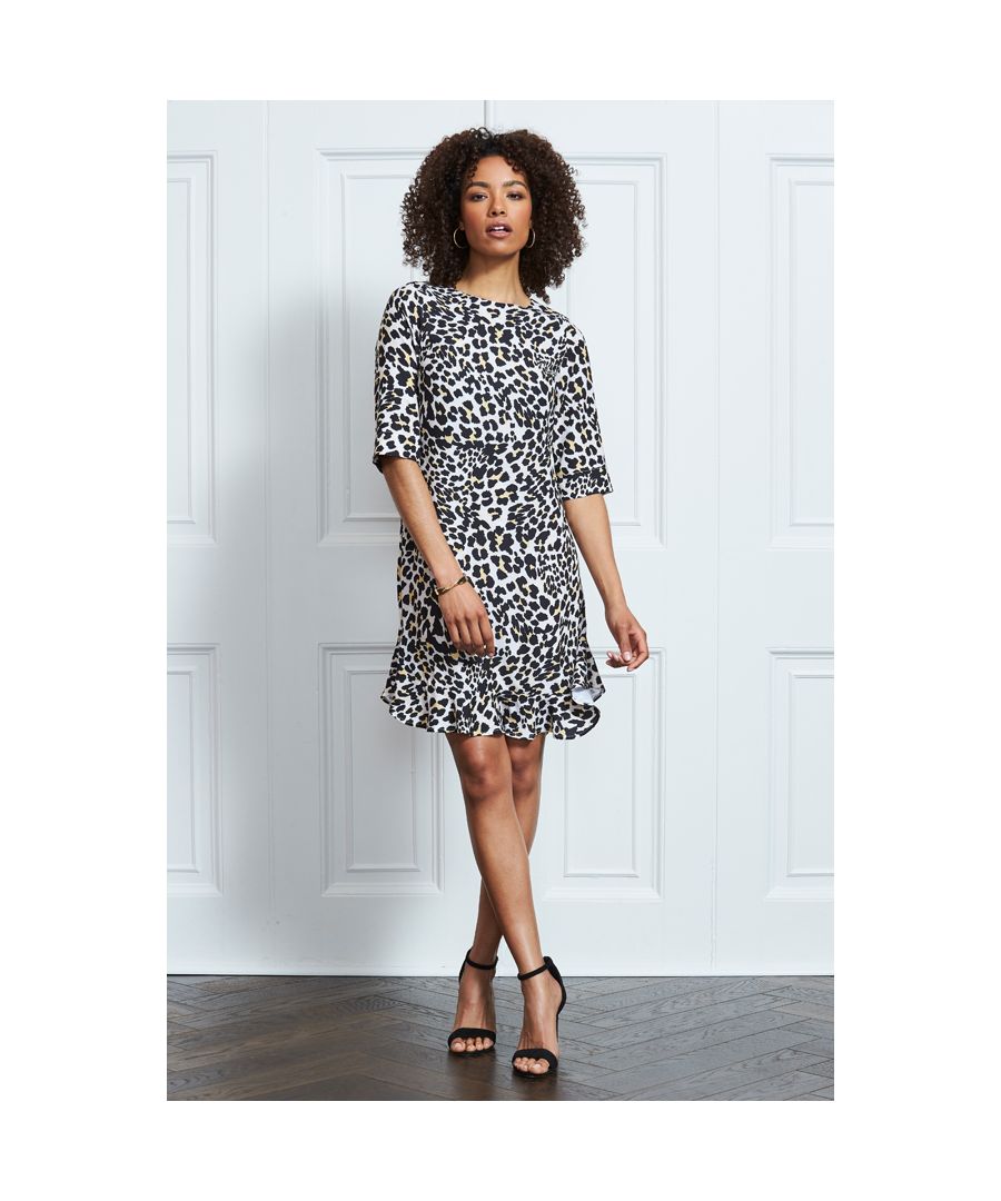 REASONS TO BUY: \n\nWe've never met a shift dress we didn't like\nFlattering body-skimming fit\nClassic leopard print\nOutfit-elevating ruffle hem\nChic 3/4 length sleeves\nWear it with courts for the office, trainers on weekends