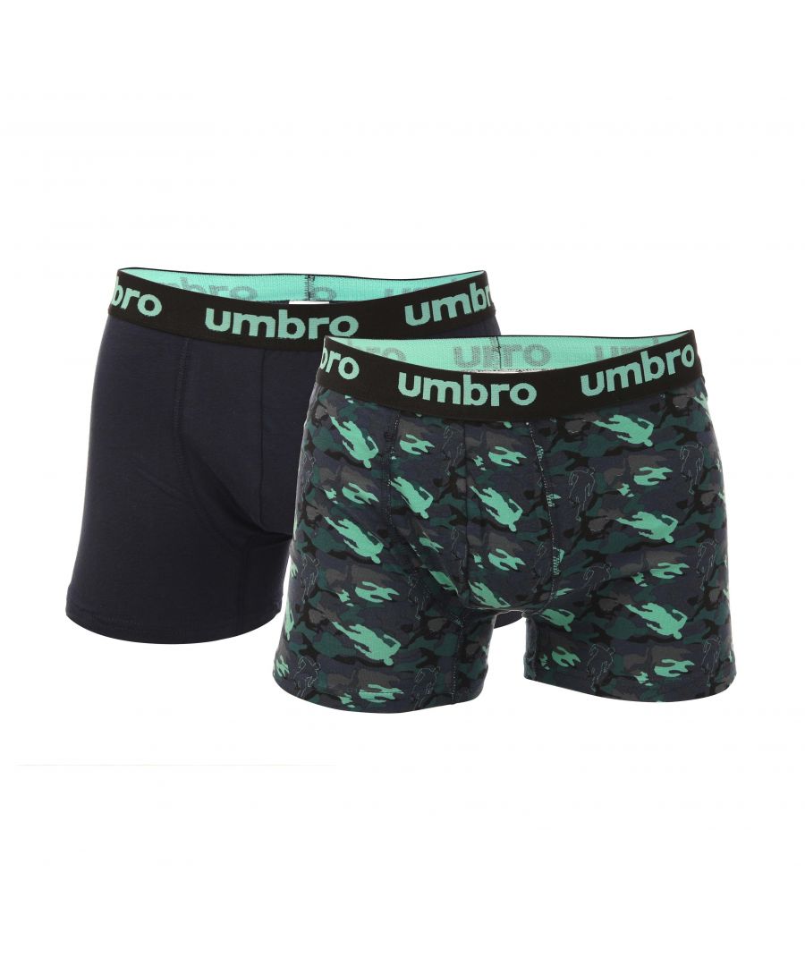 Mens Umbro 2 Pack Boxers in blue.- Elastic waistband with branded.- Highly breathable.- 95% Cotton  5% Elastane.- Ref: UM0UM0309306REDWaist:S = 28-30inM = 32-34inL = 36-38inXL = 40-42inXXL = 44-46inWe regret that underwear is non-returnable due to hygiene reasons.