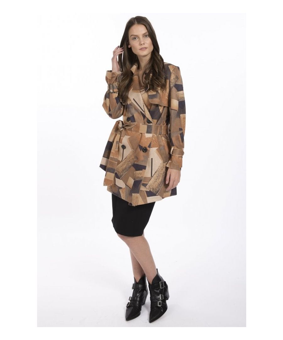 Comfortably fits sizes 8 - 14\nAn abstract print faux suede trench coat with tie waist and classical trench style lapels. This jacket is ideal for taking you from desk to dinner in elegance.