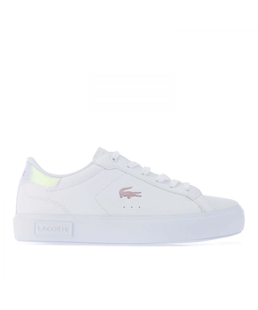 Junior Girls Lacoste Powercourt Trainers in white pink.- Synthetic upper.- Lace up fastening.- Ortholite sockliner for comfort and odour control.- Lacoste branding to the sidewalls and heel.- Soft and lightweight midsole.- Rubber outsole.- Synthetic upper  Textile lining  Synthetic sole.- Ref: 742SUJ0022B53