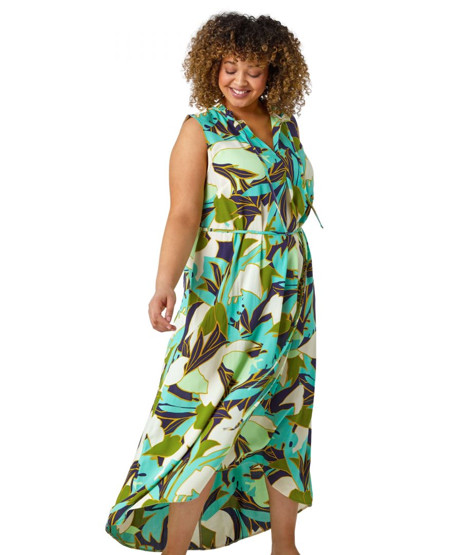 Roman Curve Womens Leaf Print Tie Neck Midi Summer Dress - Green Denim - Size 18 UK - Secret Sales