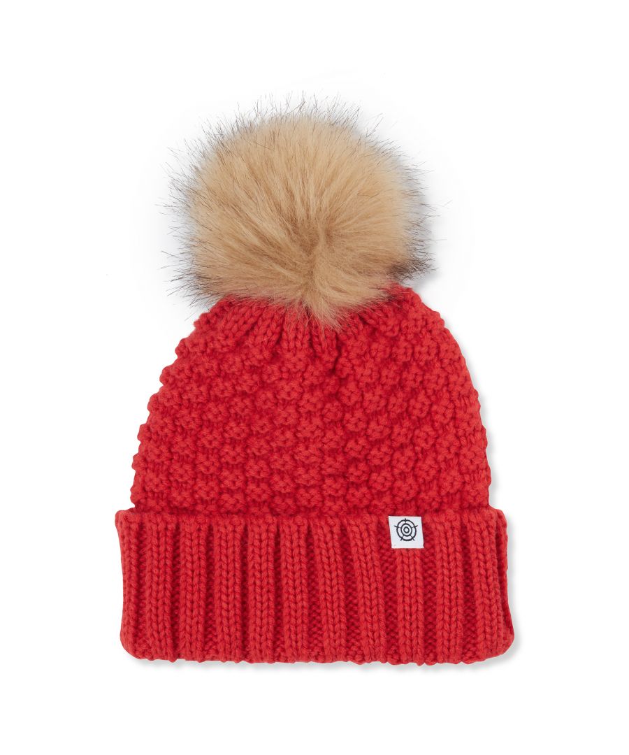 Knitted winter hat with box stitch knit pattern, faux fur pompom and folded label branding