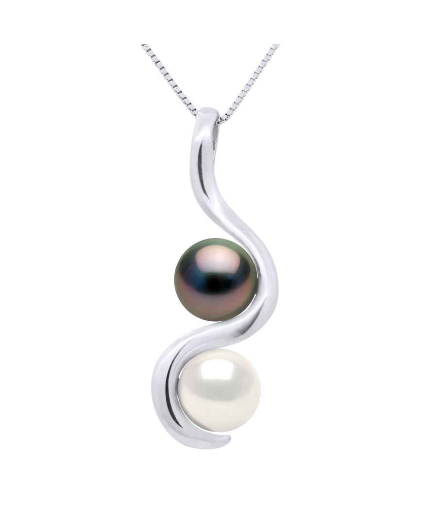 Necklace Venitian Style Chain 925 Sterling Silver Rhodium-plated Adorned of 2 true Cultured Round Tahitian Pearl and Freshwater Pearl 8-9 mm , 0,31 in - Natural White Color Length 42 cm , 16,5 in -- Our jewellery is made in France and will be delivered in a gift box accompanied by a Certificate of Authenticity and International Warranty