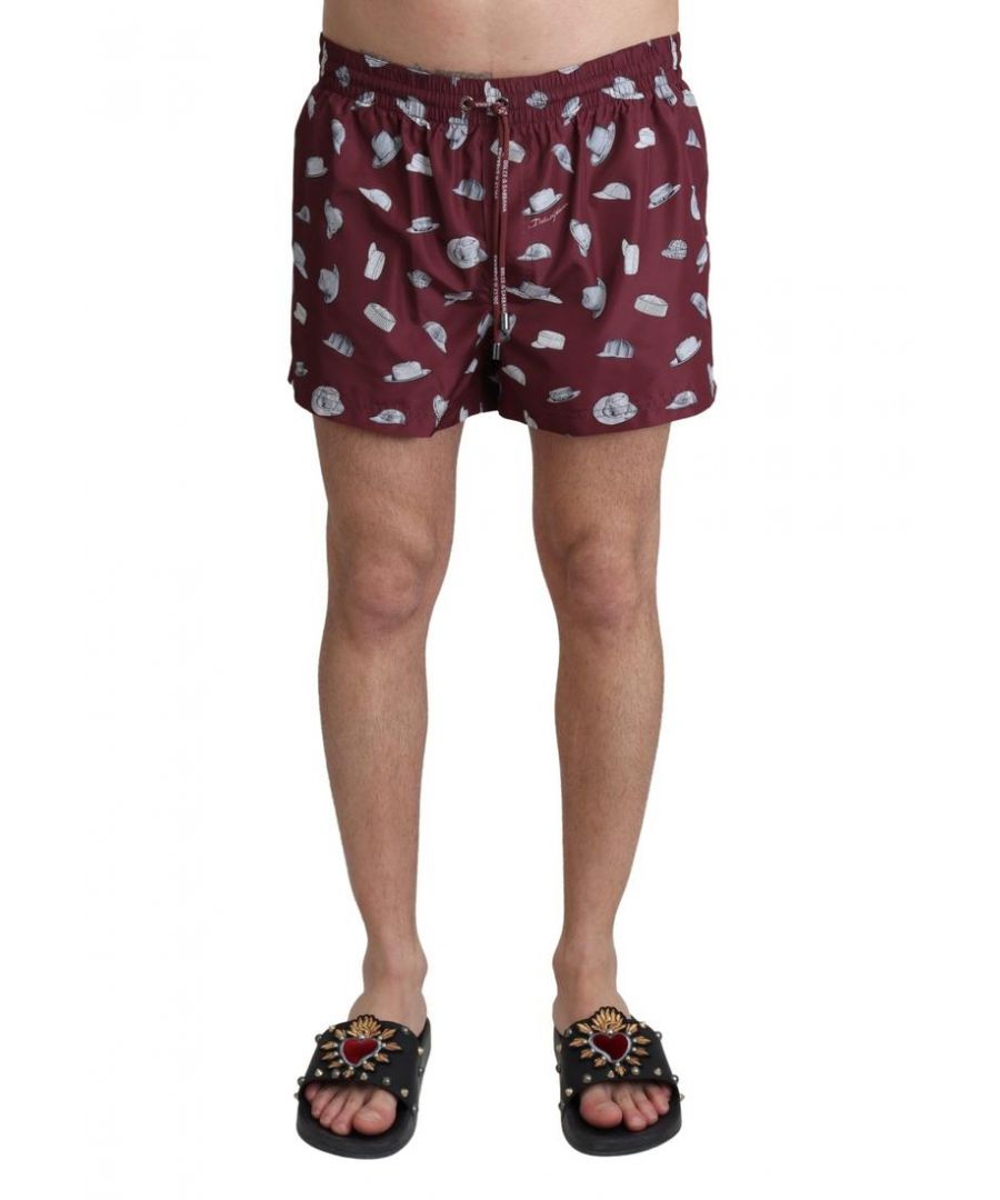 Dolce & Gabbana Mens Maroon Hats Print Beachwear Shorts Swimwear - Brown - Size Small