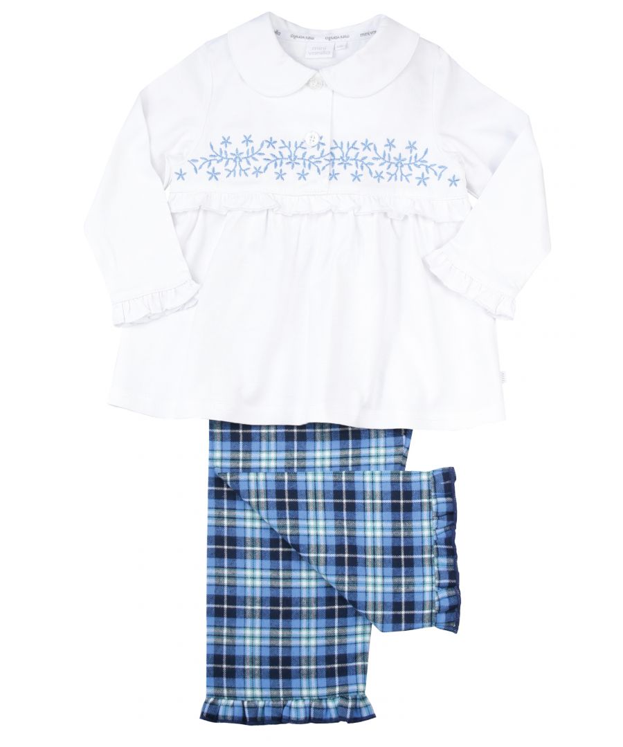 Girls Woven Morgan Check and Jersey Traditional Pyjamas. \nA beautiful blend of blues in a soft brushed woven check bottoms and jersey peter pan collar top, gives these pyjamas a warm feeling for the winter nights.  Made from super-soft 100% cotton.  The long-sleeved top has a peter pan collar and fastens with engraved buttons with an embroidery and frill. Fully elasticated at the waist, the trousers have a comfy fit using as brushed soft woven check fabric. It’s easy to create mini-me looks with our Morgan Check range as coordinating styles are also available in our boys, baby, adult and family collections.\nSold as a Pyjama set.\nFabric Composition : 100% cotton top & bottoms\nFire Warning : KEEP AWAY FROM FIRE AND FLAMES.\nWash Care Instructions : Machine wash, Inside out, Do not soak, Wash dark colours separately, Do not iron trims, Save energy, Wash at 30 degrees\nMachine washable\nClassic fit