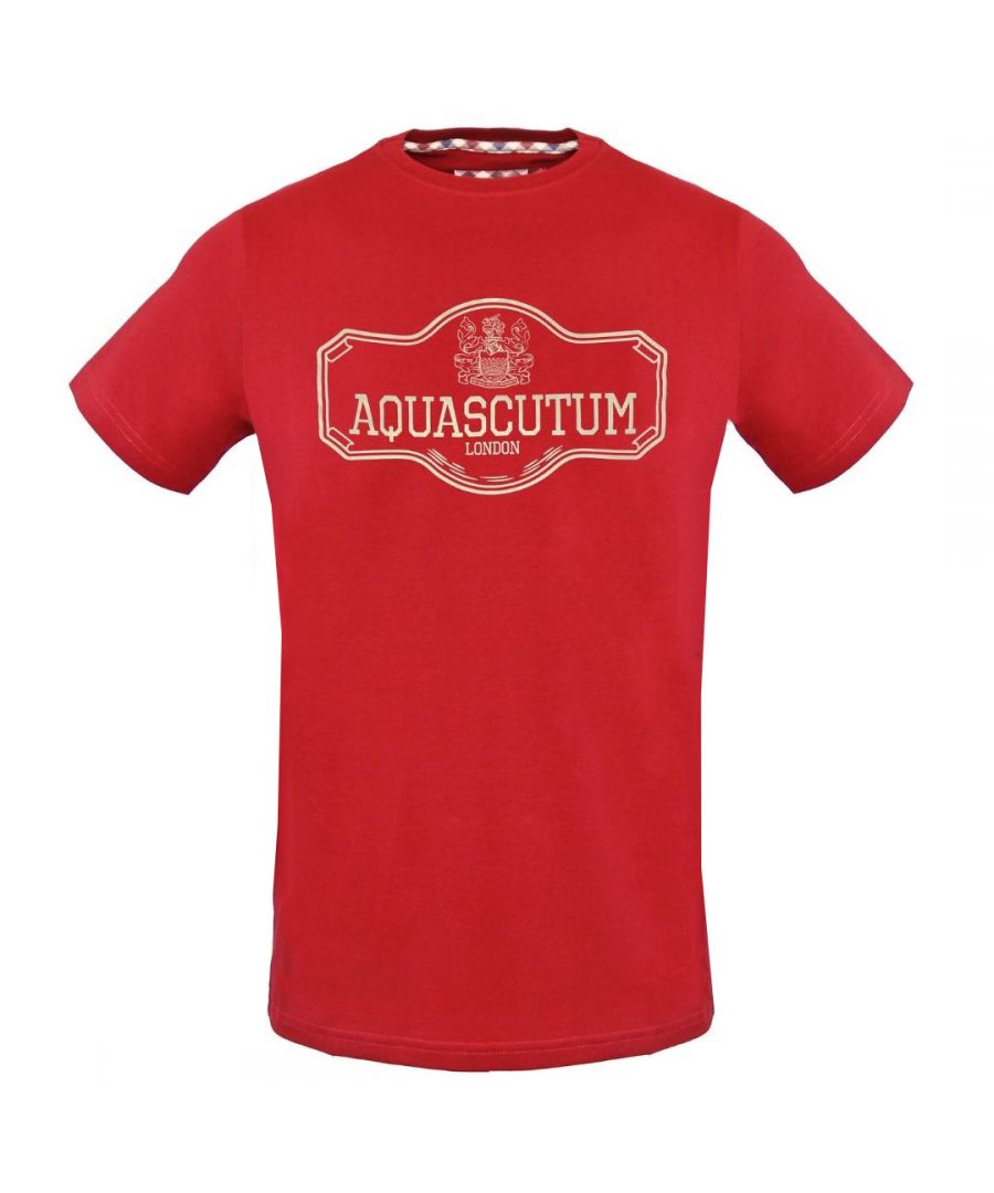 Rood T-shirt van Aquascutum met uithangbordlogo. Rood T-shirt van Aquascutum met uithangbordlogo. Ronde hals, korte mouwen. Elastische pasvorm 95% katoen, 5% elastaan. Normale pasvorm, past volgens de maat. Stijl TSIA09 52