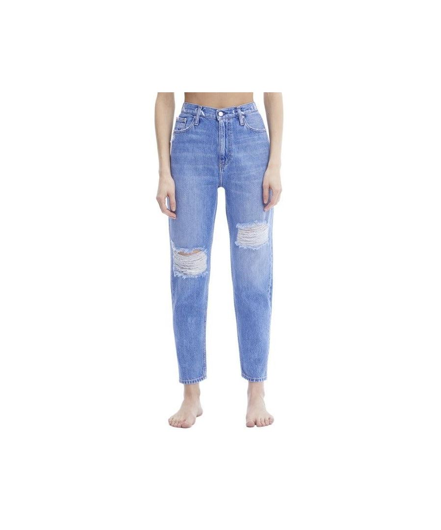 Brand: Calvin Klein Jeans\nGender: Women\nType: Jeans\nSeason: Spring/Summer\n\nPRODUCT DETAIL\n• Color: blue\n• Fastening: zip and button\n• Pockets: front and back pockets \n• Details: -ripped effect -worn out effect \n\nCOMPOSITION AND MATERIAL\n• Composition: -100% cotton \n•  Washing: machine wash at 30°