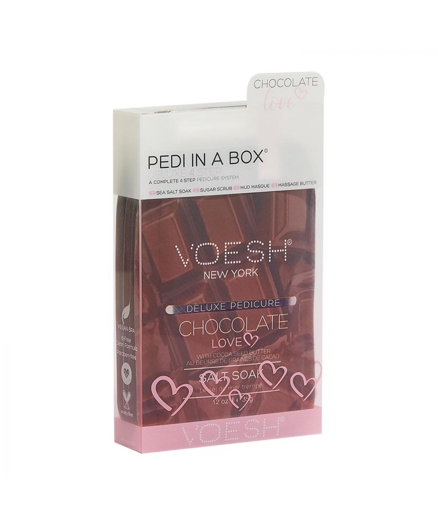 Voesh Chocolate Love Deluxe 4Step Pedicure In A Box with Cocoa Seed Butter.  The Cleanest And Most Hygienic Spa Pedicure Solution. Enriched With Key Ingredients To Give Your Feet The Nutrition It Needs. Each Product Is Individually Packed With The Right Amount For A Single Pedicure.\n\nThe Perfect Pedi For:\nDIY At-Home Pedicure\nDate Night\nBachelorette Parties\nGirls’ Night In\n\nThe kit contains:\nSea Salt Soak: This soak helps relieve tension, stiffness, minor aches and discomfort in your feet. It helps detox and deodorize the feet.\nSugar Scrub: The scrub gently exfoliates dead skin cells and helps soften your feet. Perfect for use on the soles on your feet.\nMud Masque: The masque removes deep-seated impurities in your skin leaving your feet feeling clean and revived.\nMassage Cream: The massage cream hydrates and soothes skin. It softens the soles of your feet and helps prevent dryness and roughness.\n\n4 Step Includes\nSea Salt Soak 35g: to detox & deodorize the feet.\nSugar Scrub 35g: to gently exfoliate dead skin.\nMud Masque 35g: to deep cleanse impurities.\nMassage Butter 35g: to hydrate and soothe skin.