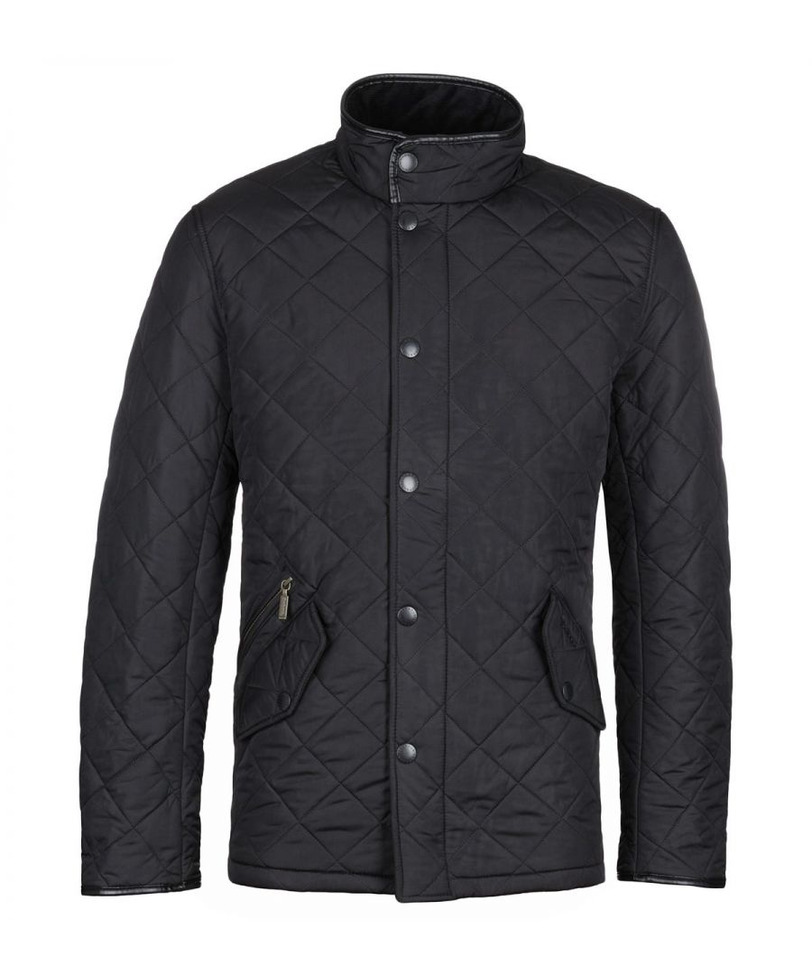 From Barbour's Hacking Collection, the Powell quilted jacket is a quilted Chelsea-style jacket built for the outdoors without compromising on style. Crafted from their signature diamond quilted outer with a super-insulating fleece lining. Cut to a tailored fit creating a contemporary shape that will give you a fashionable look. Featuring a corduroy lined funnel neck, two front pockets and a concealed zip closure with snap button fastenings for extra protection from the elements. Finished with stylish synthetic leather trims to the collar, cuffs and hem with signature Barbour branding throughout. Tailored Fit, Pure Nylon Composition, Diamond Quilted, Corduroy Funnel Neck, Concealed Zip Closure with Snap Button Fastening, Twin Front Pockets, Synthetic Leather Trims, Barbour Branding. Style & Fit: Tailored Fit, Fits True to Size. Composition & Care: Shell: 100% Polyamide, Fill: 100% Polyester, Machine Wash.
