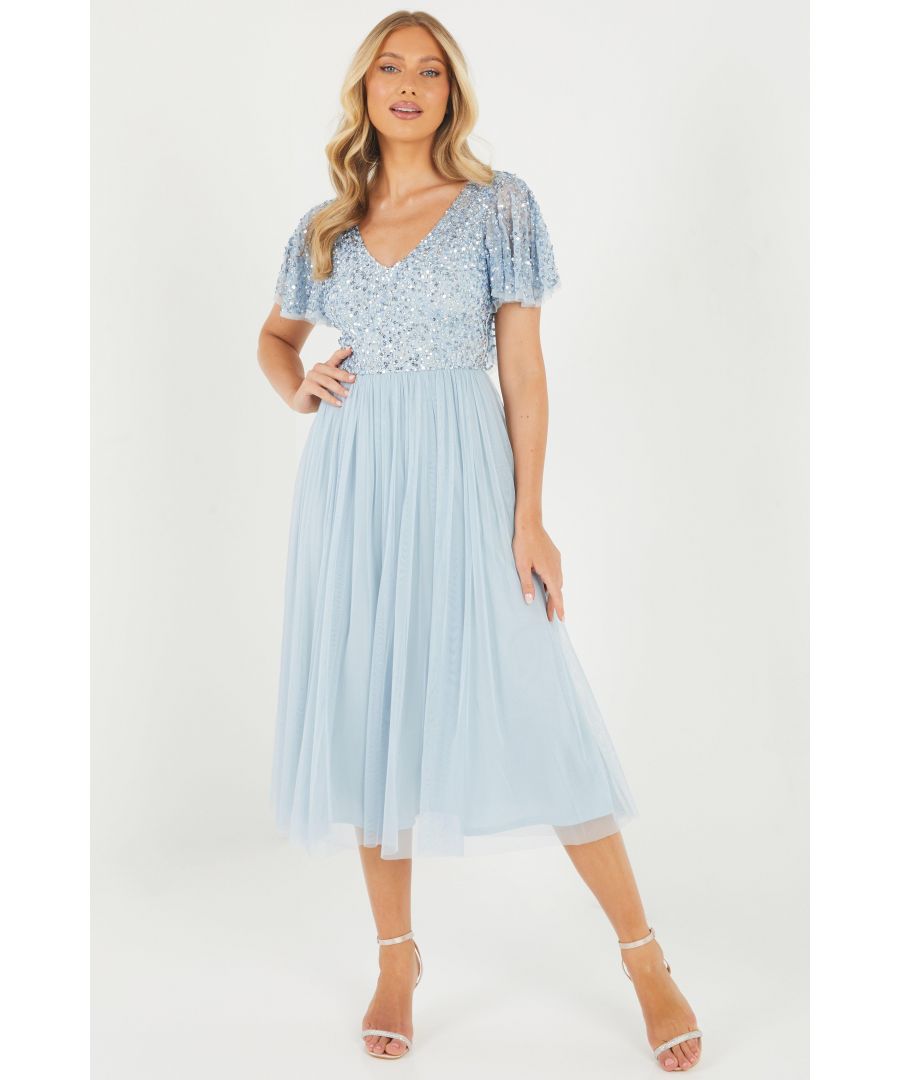 Image for Blue Embellished Frill Sleeve Midi Dress