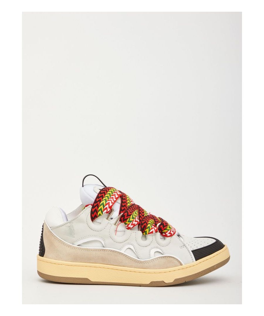 Oversized-design Curb sneakers in white nappa calfskin leather, suede and mesh with black inserts on toe and on heel. They feature multicolor maxi lace-up closure, padded tongue with Lanvin Paris logo and rubber sole.