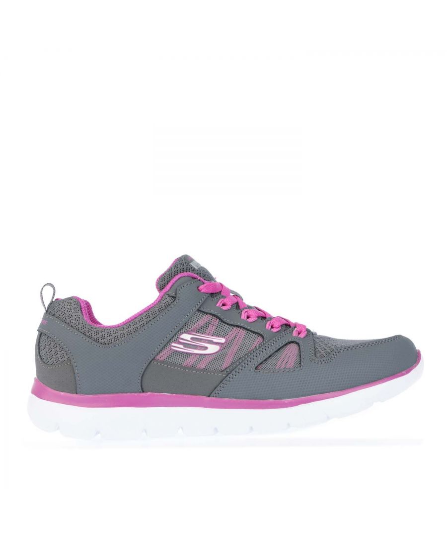 Womens Skechers Summits New World Trainers in charcoal.- Smooth action leather upper.- Lace up athletic training sneaker design.- Mesh fabric panels at front and sides for cooling effect.- Stitching accents.- Leather and fabric overlays at front  sides and heel panel.- Side S logo and Side panel with color stripe underlay and translucent mono mesh outer layer.- Heel panel overlay with pull on fabric top tab.- Lace up front with accent color loops.- Padded collar and tongue.- Soft fabric shoe lining.- Memory Foam full length cushioned comfort insole.- Matching or contrast colored topsole layer accent.- Lightweight flexible shock absorbing midsole.- Flexible traction outsole.- Ref: 12997CCPR