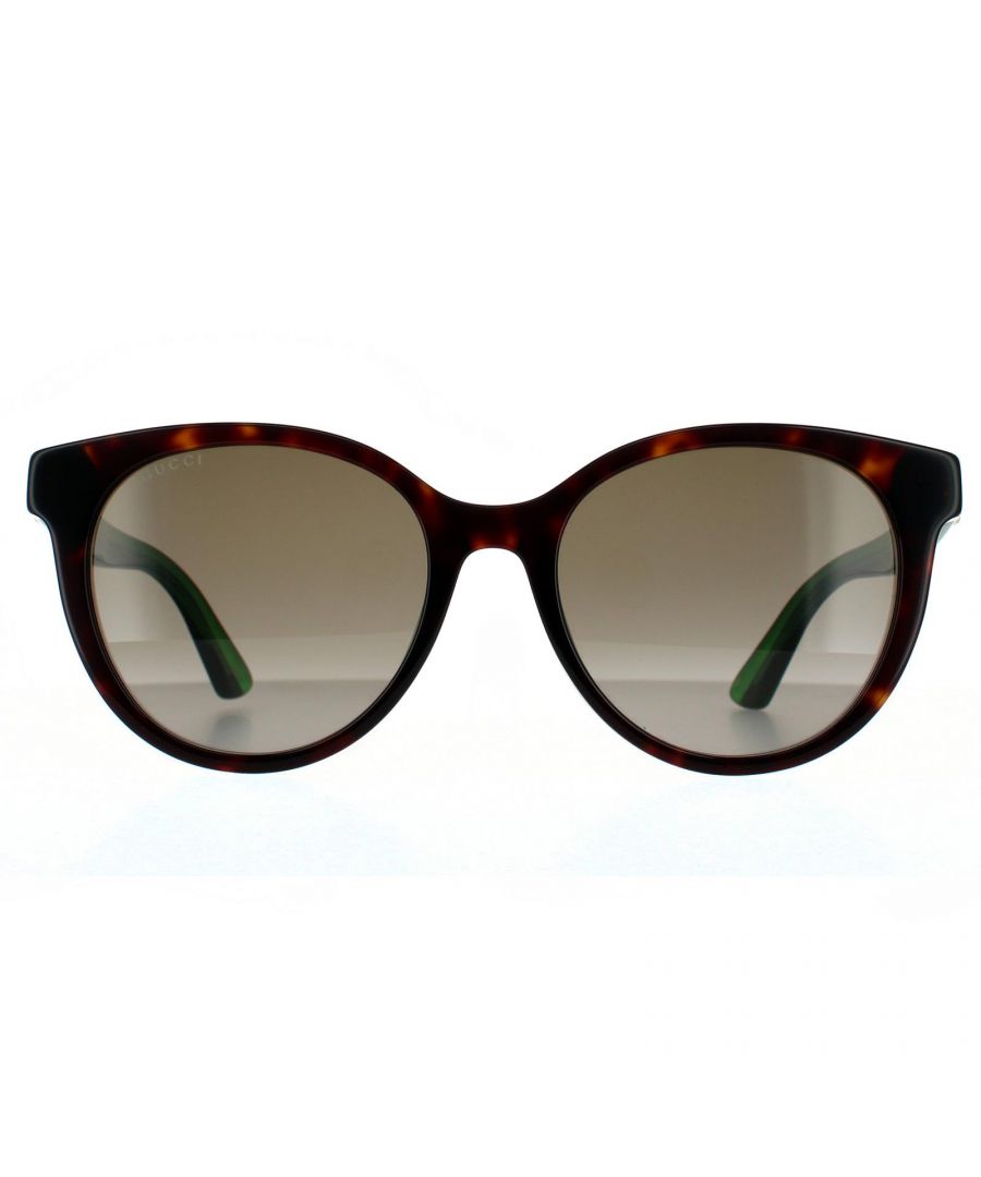 Gucci Round Womens Havana With Green and Red Brown Gradient Sunglasses Gucci are a simple round style for women crafted from lightweight plastic and embellished with the metal interlocking GG logo.