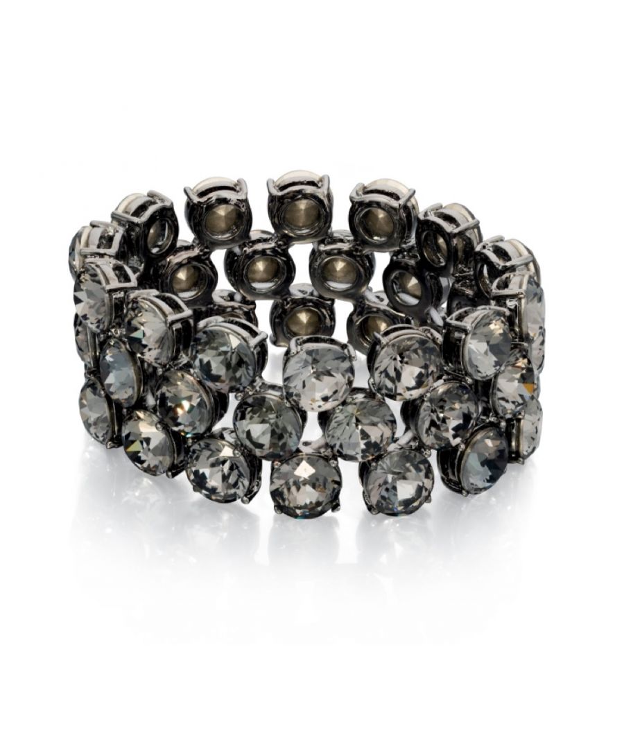 Fiorelli Fashion Black Crystal Gunmetal Plated Stretch Bracelet<li>Design: Black Crystal Gunmetal Plated Stretch Bracelet<li>Composition: Made of alloy with imitation gunmetal plating. Features black synthetic crystal stones.<li>Item weight: 63.13g<li>Fittiing: This bracelet features an elasticated fitting so it can be easily put on and taken off. Diameter when flat 10cm.<li>Packaging: This item comes complete with a branded presentation pouch and pillow pack box which are ideal for gifting.