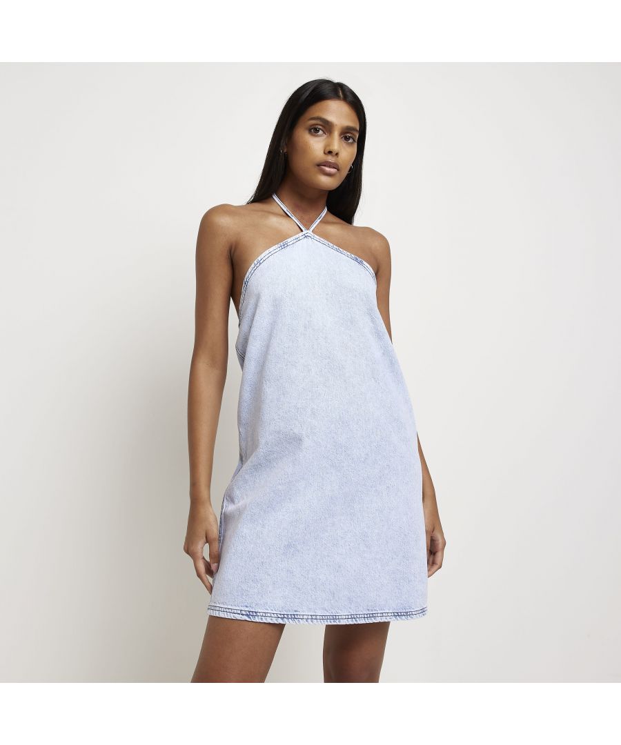 > Brand: River Island> Department: Women> Material: Cotton> Material Composition: 100% Cotton> Style: Slip Dress> Size Type: Regular> Closure: Tie> Neckline: Halter> Sleeve Length: Sleeveless> Dress Length: Midi> Pattern: No Pattern> Occasion: Casual> Selection: Womenswear> Season: SS22