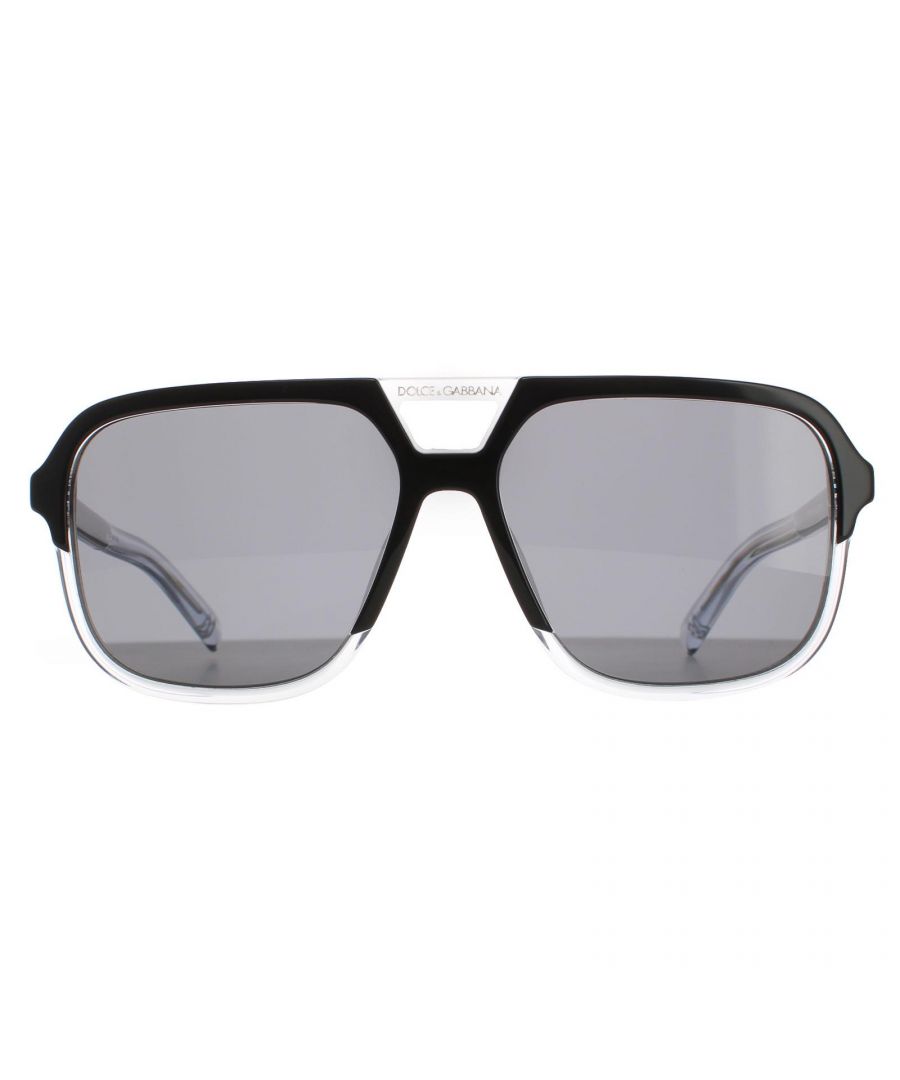 Dolce & Gabbana Aviator Mens Top Black on Crystal Dark Grey DG4354 Sunglasses Dolce & Gabbana are a full acetate square style pilot for men. The lightweight frame features the Dolce & Gabbana text logo on each of the hinges an d the brow bar. The DG logo is also featured at each of the temple tips. The 4354 are a sleek and contemporary style that will guarantee you stand out from the crowd!