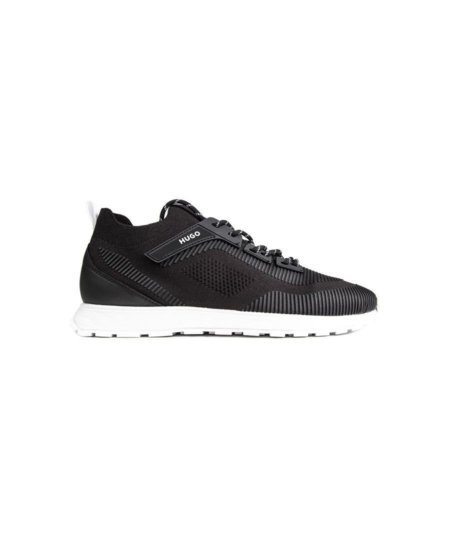 Mens black Hugo icelin trainers, manufactured with textile and a rubber sole. Featuring: leather and nylon mix upper, hugo upper branding, branded heel pull tab, padded collar and textured sole.