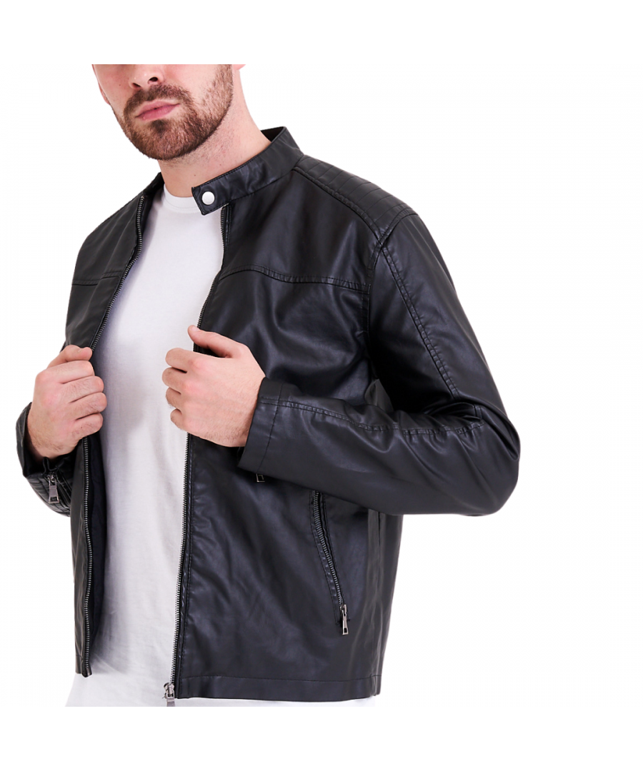 This leather look style staple offers a stylish alternative to the real deal. Lightweight and finished with a classic racer tab neck collar, this faux leather (PU) jacket is a sure to beome your new favourite.