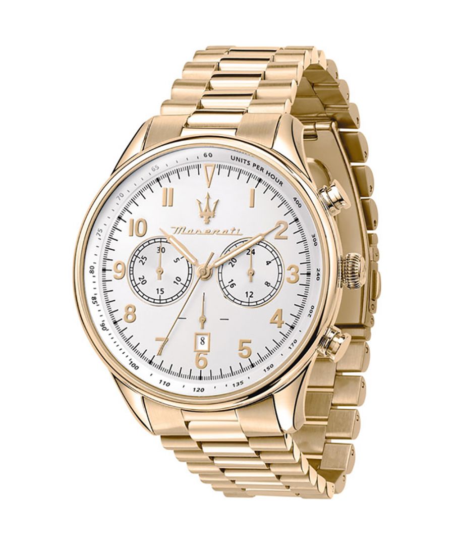 Stijlvol heren horloge van het merk Maserati. Het horloge heeft een polsbandje dat ook kleiner gemaakt kan worden, de kast heeft een diameter van 43 mm en het uurwerk is van Quartz.  Merk: MaseratiModelnaam: R8873646003 (43mm)Categorie: heren horlogeMaterialen: edelstaalKleur: goud