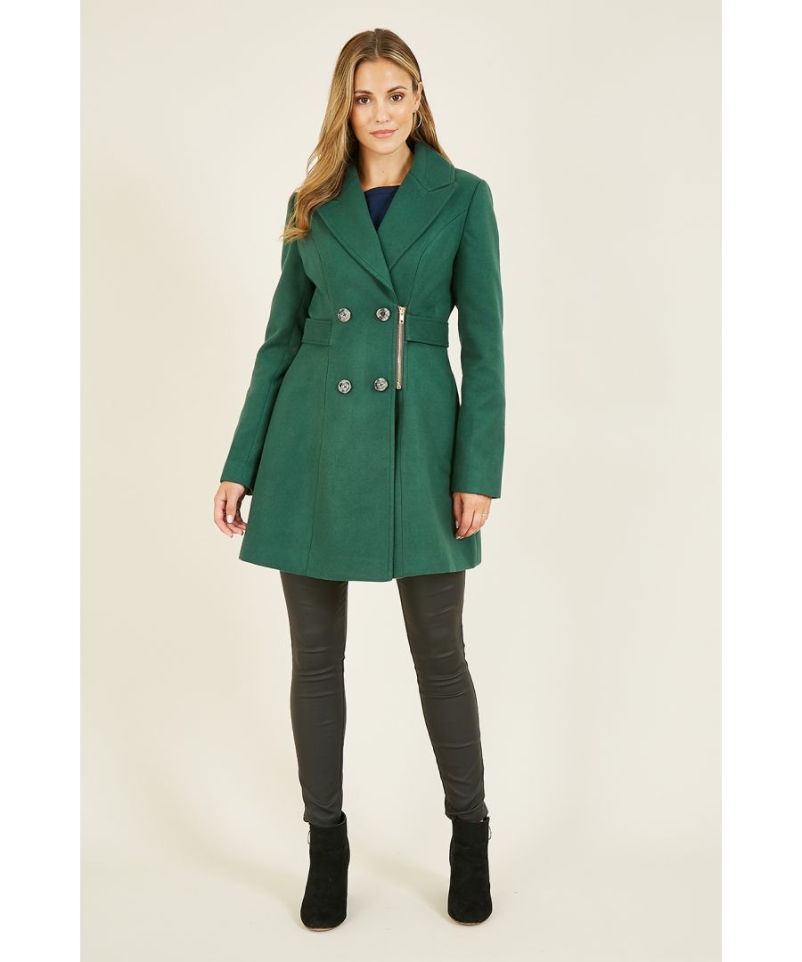 Up the style stakes this season with this unique Yumi Green Military Coat With Zip Detail. The statement, double breasted, military style design makes use of a unique feature zip. Subtly draws attention to your pulled in waist. Perfect for layering over any outfit.