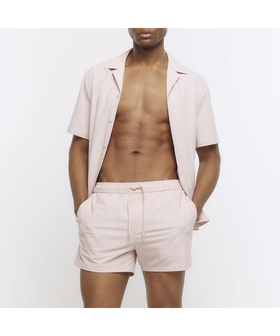 River Island Mens Swim Shorts Pink Regular Fit Seersucker - Size X-Large