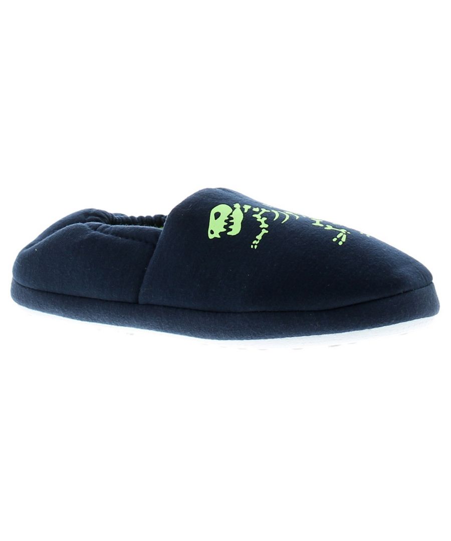 Wynsors Dinosaur Younger Boys Full Slippers Blue. Fabric Upper. Fabric Lining. Fabric Sole. Boys Plush Comfort Slip On Glow In The Dark  Slipper. This Style Uses Dual Sizing: S=9X10 M=11X12  L=13X1  Xl=2X3.