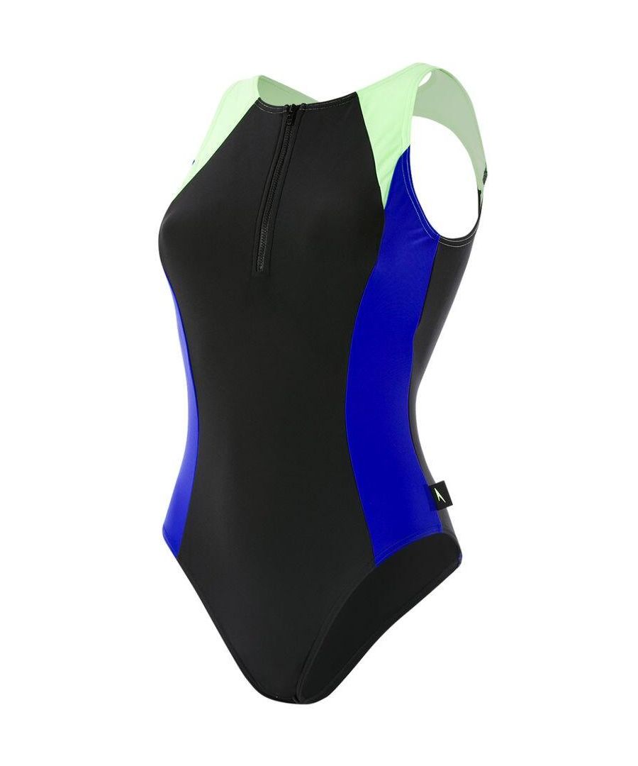 This speedo swimsuit from the Hydrasuit range features a high neck and open back design. Customise your look thanks to the front zip with puller. Designed with a high leg for maximum flexibility. Made from endurance fabric meaning this swimsuit fits like new for longer. Keep your bust in place thanks to the light comfortable elastic under band. This swimsuit has a higher chlorine resistance than most swimwear fabrics as well as great shape retention. \n\nHigh neck\nOpen back design\nFront zip with puller\nHigh leg\nMaximum flexibility\nEndurance fabric\nFits like new for longer\nComfortable elastic underband\nKeeps your bust in place\nHigh chlorine resistance\nGreat shape retention\nComposition: 80% Polyamide | 20% Elastane\n\nListed in UK Sizes