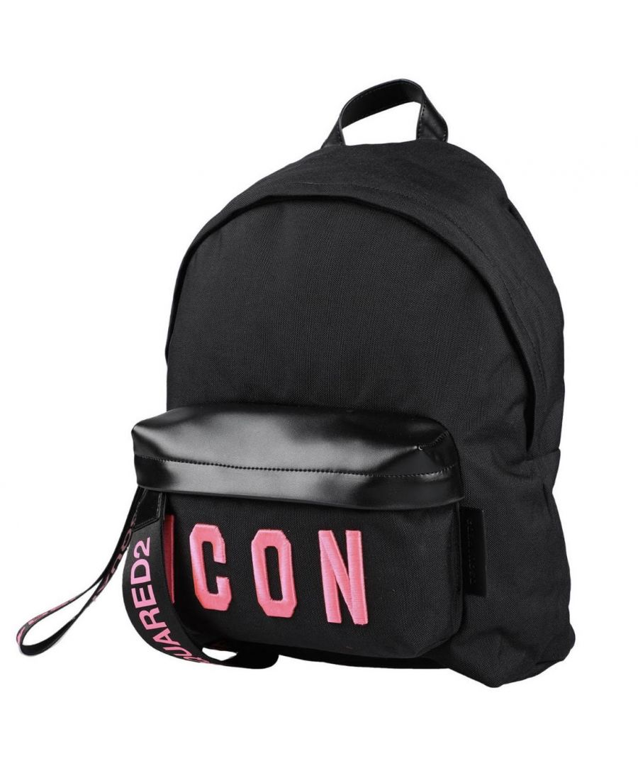 Dsquared2 ICON Black Backpack. Dsquared2 ICON Backpack. 85% Cotton 15% Leather. 3D Stitched Branding and Branded Zip Pullers. Large Front Pocket. Zip Closure