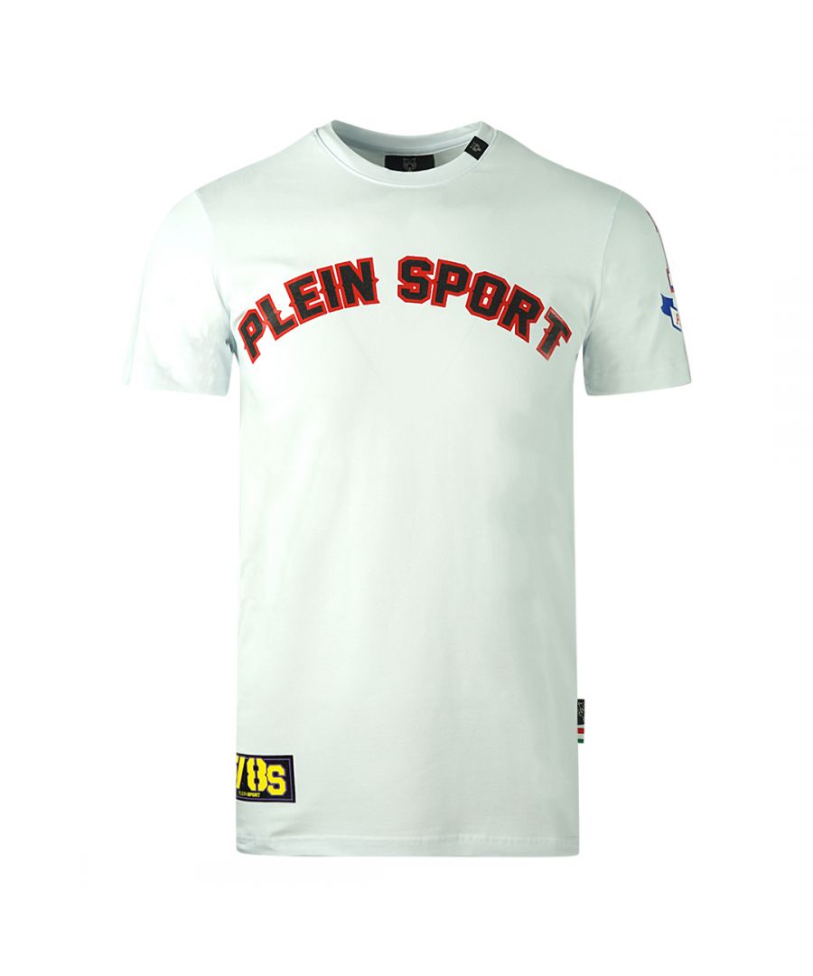 Philipp Plein Sport Multi Colour Logos White T-Shirt. Philipp Plein Sport White Tee. Stretch Fit 95% Cotton, 5% Elastane. Made In Italy. Plein Branded Badges. Style Code: TIPS117IT 01