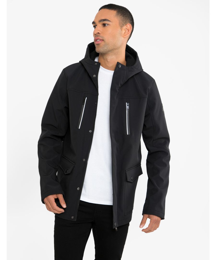 This hooded jacket by Threadbare features a snap button storm guard over the zip and comes with two deep front pockets along with two zip up chest pockets with reflective strips. This style has a microfleece lining for extra comfort and warmth and features the classic threadbare badge on the sleeve.