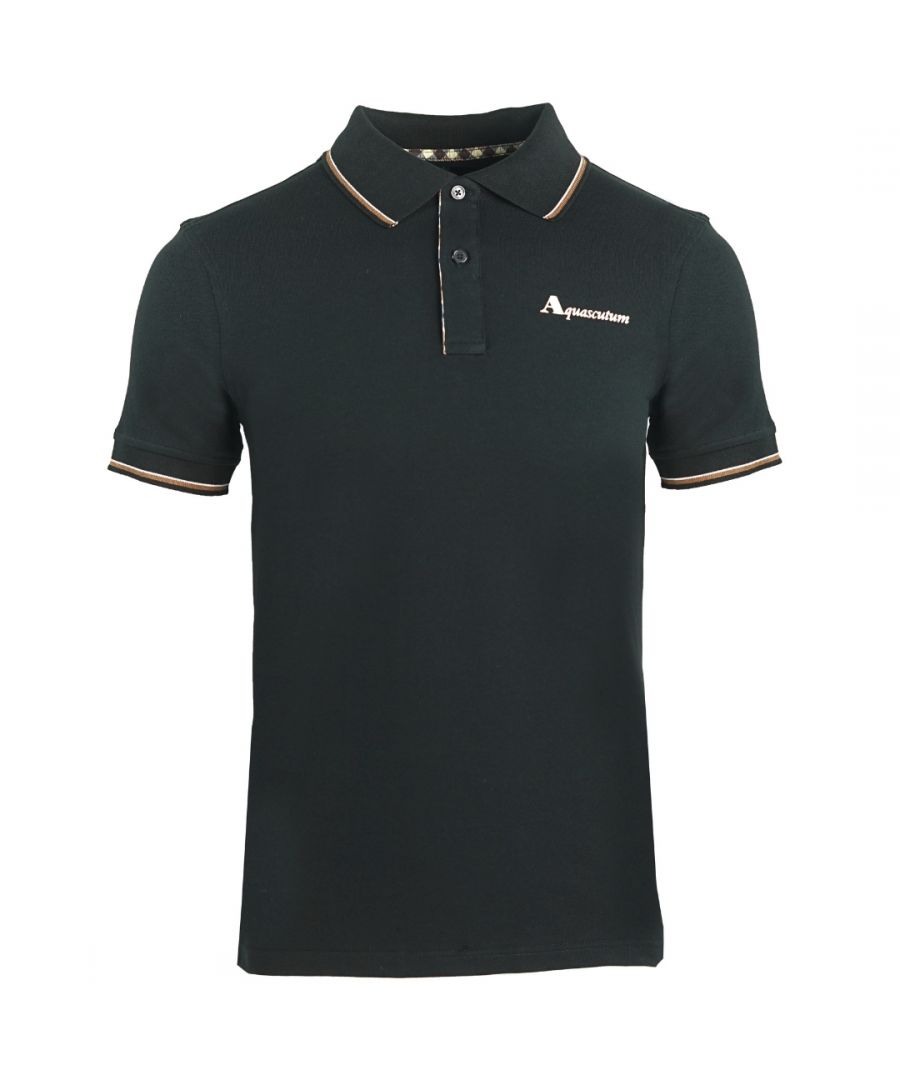 Aquascutum Tipped Collar Black Polo Shirt. Branded Logo, Short Sleeves. Stretch Fit 95% Cotton 5% Elastane. Regular Fit, Fits True To Size. QMP028 99