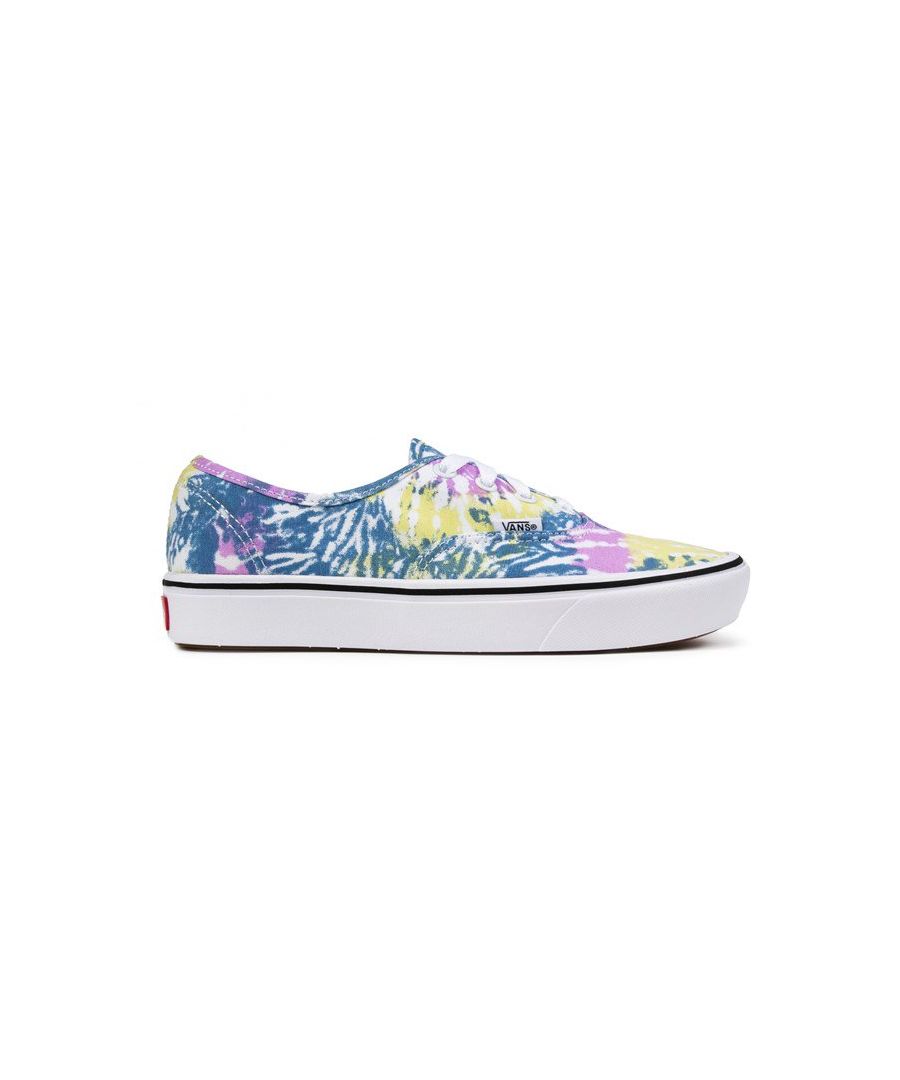 Women's Canvas Vans Comfycush Authentic Low-profile, Lace-up Sneakers With A Blue, Pink, And Yellow Splash Tie-dye Upper, And White Eyelets And Laces. These Ladies' Casual Trainers Have A Soft Canvas Lining And Sock And White, Rubber Vulcanised Outsole With Iconic Branding Tabs.