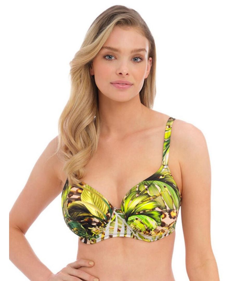 Introducing the Fantasie Kabini Oasis Full Cup Bikini Top—finally, swimwear that is both fashionable and comfortable. From the chic abstract botanical pattern to its full cup neckline, this bikini top offers everything a modern woman needs! Show off your figure with gathered cups designed to flatter while feeling safe in the knowledge that there’s underwired support and concealed side sling for all-day comfort. Plus, adjustable shoulder straps make it easy to customise the fit. Lined wings keep everything in place while at ease knowing you don’t need any padding for confidence in this look. At last, enjoy a secure back clasp closure to ensure you stay covered up no matter how active your beach day gets! And don’t forget about matching coordinates to get the whole look just right. So whether it's poolside relaxation or a beach workout, the Fantasie Kabini Oasis full cup bikini top has got your back!\n\nChic abstract botanical pattern\nGathered cups for a flattering look\nUnderwired\nConcealed side sling\nLined wings for support\nAdjustable shoulder straps\nFull cup neckline\nBack clasp closure\nMatching coordinates\nCountry of origin: Sri Lanka\nComposition: 80% Polyamide | 20% Elastane\nListed in UK sizes