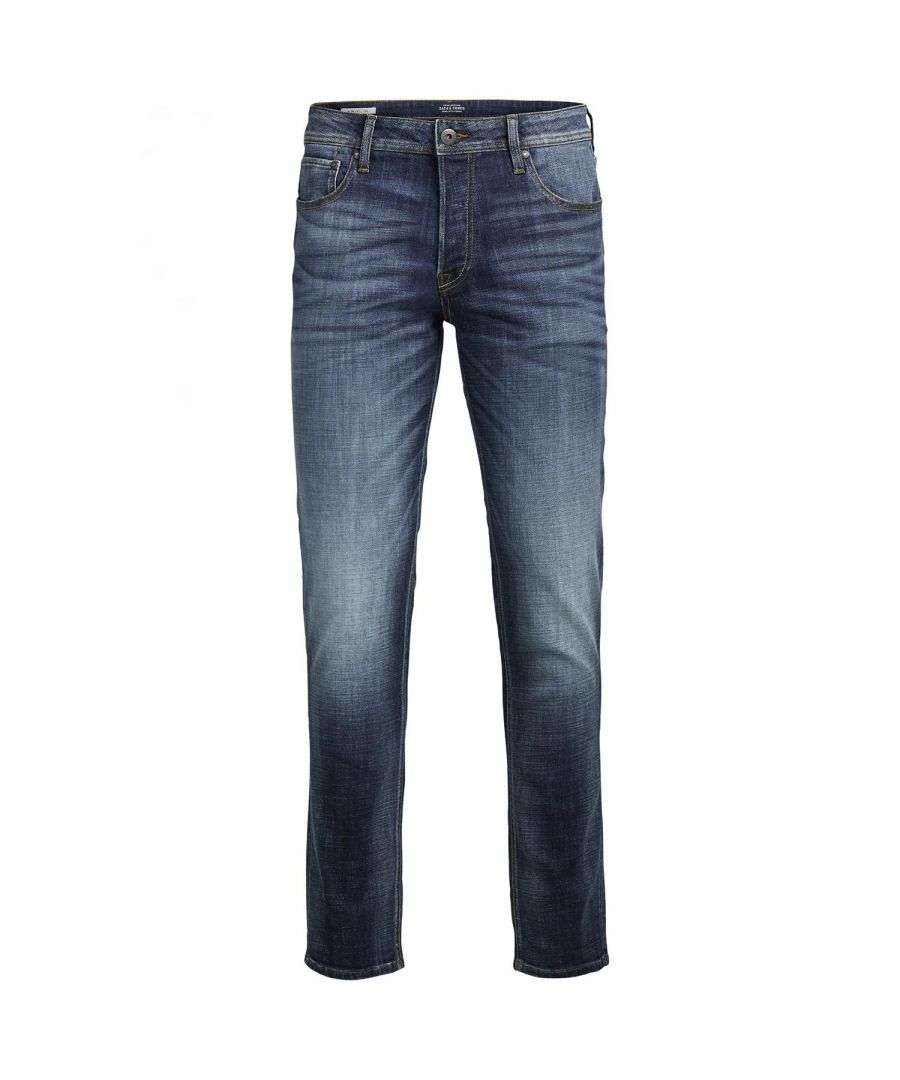 Slim fit Glenn: You like the look of skinny jeans but want a little more room in the thigh. It sounds like these Glenn slim jeans are the perfect fit for you. And yes, they’re comfortable too the denim has all the stretch you need. Men’s slim-fit jeans are one of our most popular fits. The fit is narrow and leans through the thigh without feeling tight. The slim-fit jeans with a tapered legs always come with stretch. Men’s tapered jeans are for guys who like slim, not skinny jeans.\n\nFeatures:\nLow\nSkinny\n5-pocket style\nMachine Wash\nFastening: Button, Zip\n98% Cotton, 2% Elastane\nSlim-fit jeans with a tapered leg and low rise\n\nSpecifications:\nCategory: Jeans\nSeason: Summer\nMaterial: 98% cotton, 2% elastane\nColour: Blue Denim\nCare instructions: 40°C coloured wash, Do not bleach, Mild drying processes, Iron at moderate temperature, Do not dry clean.\n\nPackage Includes: Jack & Jones Men's Comfortable Glenn Original