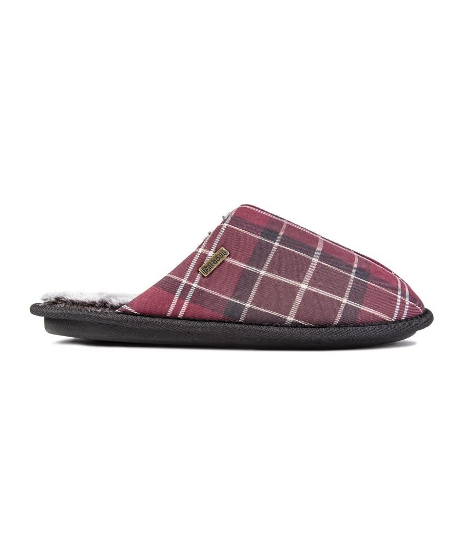 Mens maroon Barbour young slippers, manufactured with textile and a rubber sole. Featuring: faux-fur lining, upper made from reycycled tartan and metal barbour branding badge.