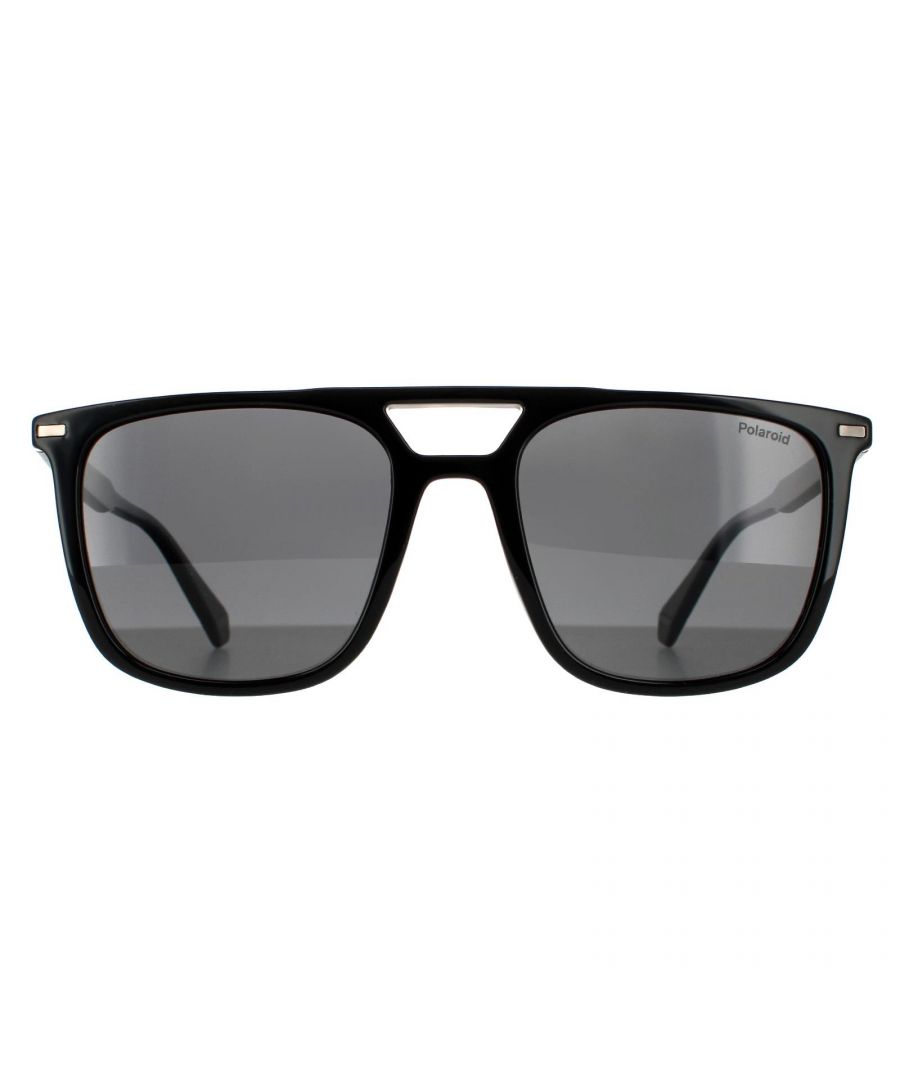 Polaroid Rectangle Mens Black Grey Polarized Sunglasses Polaroid are a masculine rectangular style crafted from lightweight plastic featuring a double bridge and Polaroid branding on the slim temples.