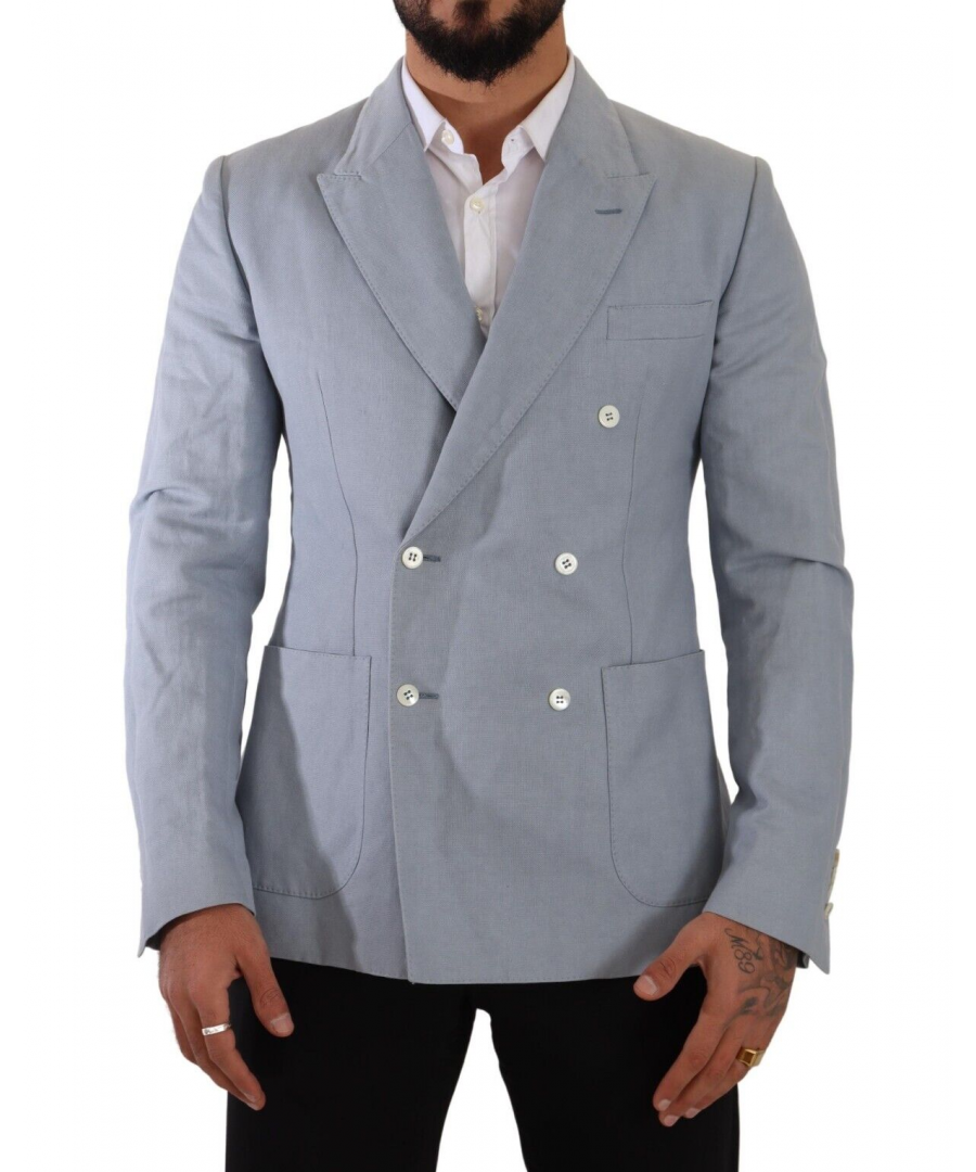 DOLCE & GABBANA\nAbsolutely stunning, 100% Authentic, brand new with tags two button blazer features peak lapel style.\nStyle: Double breasted\nFitting: Slim fit\nColour: Light Blue\nLogo details\nMade in Italy\nVery exclusive and high craftsmanship\nMaterial: 60% Cotton 40% Flax\nLining: 100% Viscose