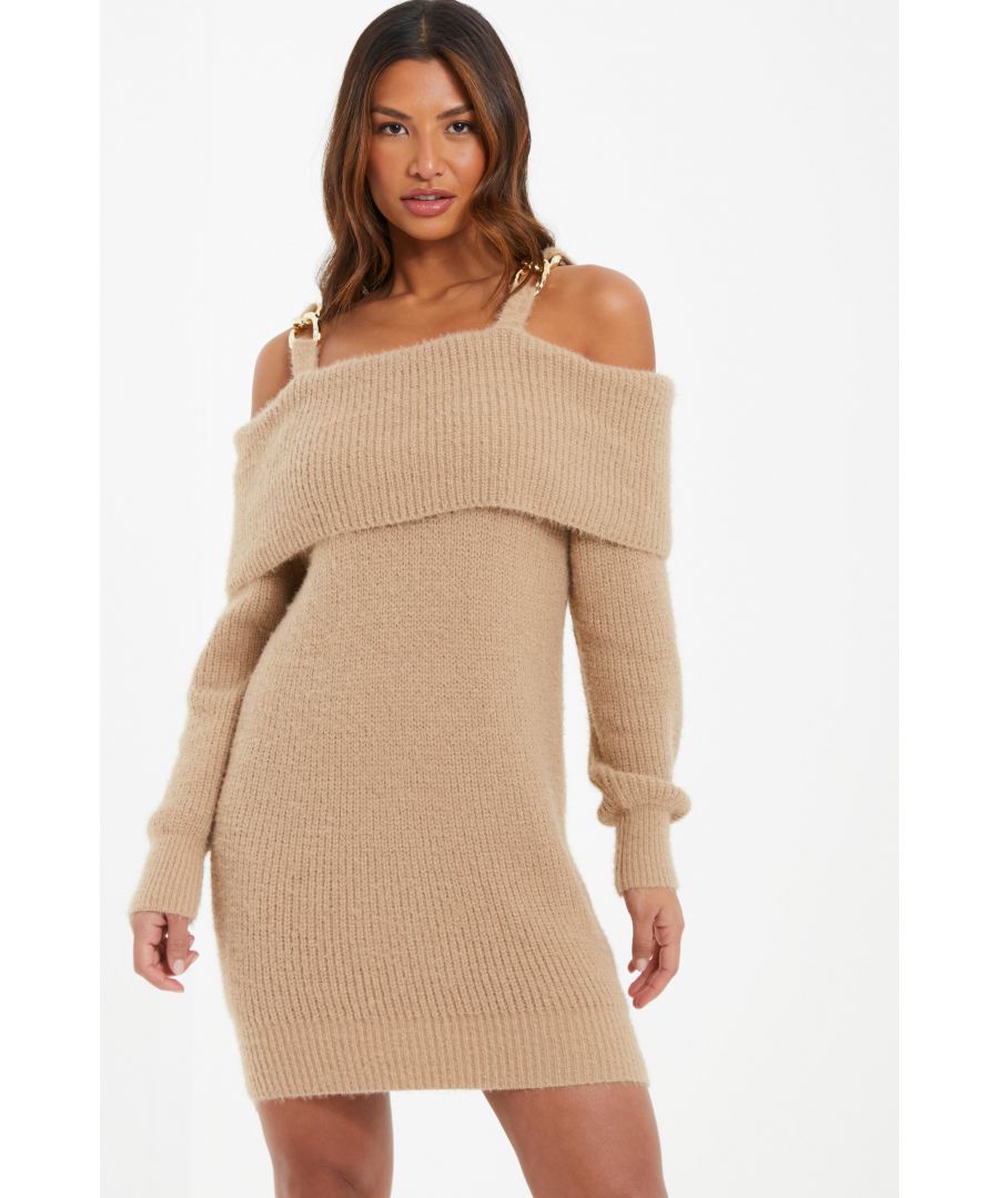 Quiz Womens Stone Knitted Cold Shoulder Jumper Dress - Size Small