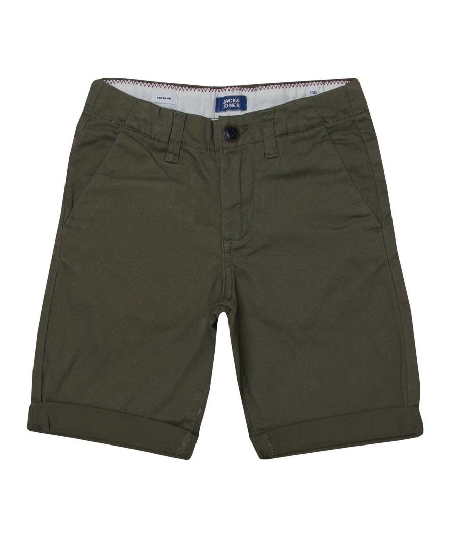 Junior Boys Jack Jones Basic Chino Shorts in green.- Four pocket design.- Zip fly and button fastening.- Stretch for comfort.- The turn-ups can be adjusted.- Shell: 98% Cotton  2% Elastane.- Ref: 12212400A