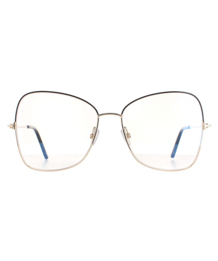Tom Ford Butterfly Womens Shiny Black FT5571-B  Glasses are a elegant butterfly style crafted from lightweight metal. The silicone nose pads and plastic temple tips ensure all day comfort. These ready to wear glasses have blue light block lenses fitted that reduce and prevent eye strain caused by long exposure to digital devices.