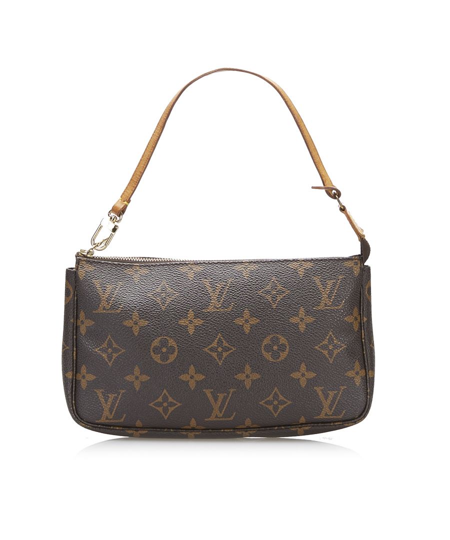 VINTAGE. RRP AS NEW. The Monogram Pochette Accessoires features a Monogram canvas body, a flat leather shoulder strap, and a top zip closure.Exterior Front Out Of Shape. Exterior Back Out Of Shape. Exterior Handle Discolored, Out Of Shape. Exterior Handle stained with Water Mark. Exterior Corners Out Of Shape, Worn. Interior Lining Discolored. Practical Attachment Rusty/Tarnished, Scratched. Zipper Rusty/Tarnished, Scratched. \n\nDimensions:\nLength 13cm\nWidth 21cm\nDepth 2.5cm\nHand Drop 14cm\n\nOriginal Accessories: This item has no other original accessories.\n\nSerial Number: AR0926\nColor: Brown\nMaterial: Canvas x Monogram Canvas\nCountry of Origin: France\nBoutique Reference: SSU190623K1342\n\n\nProduct Rating: GoodCondition\n\nCertificate of Authenticity is available upon request with no extra fee required. Please contact our customer service team.