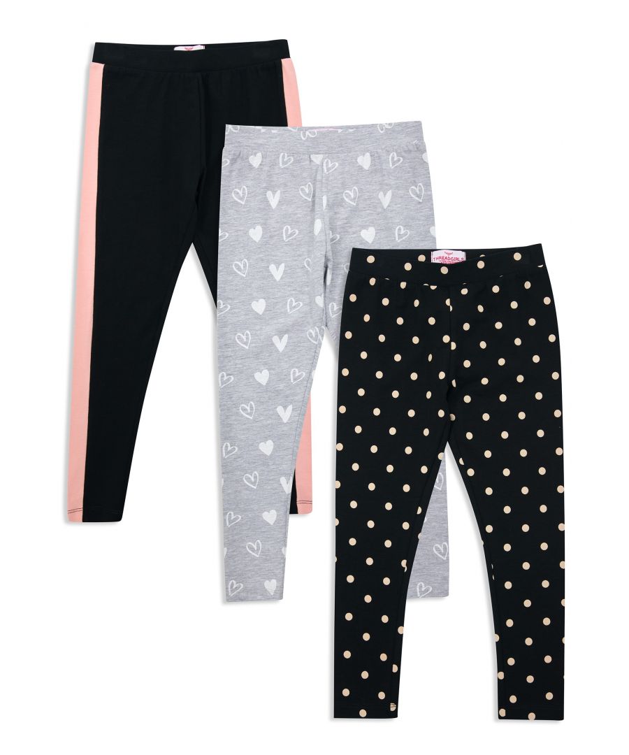 This three pack of cotton jersey leggings from Threadgirls includes one pair with contrasting side taping and two with an all over print. They feature an elasticated waistband and made from cotton jersey fabric to ensure a comfortable feel and easy washing. Perfect for mixing and matching with other styles.